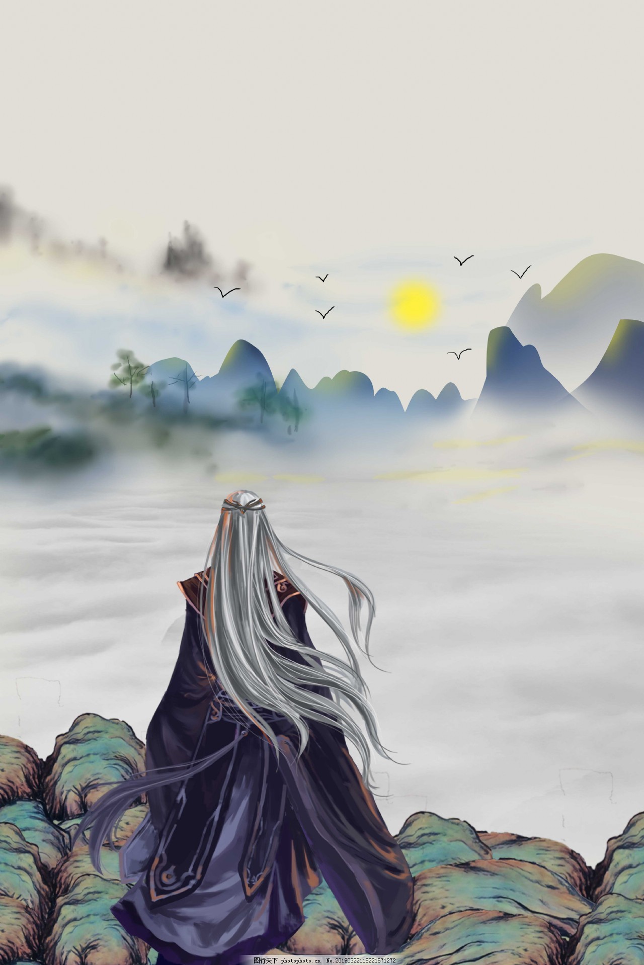 中国风大气潇洒侠客云海群山背景图片