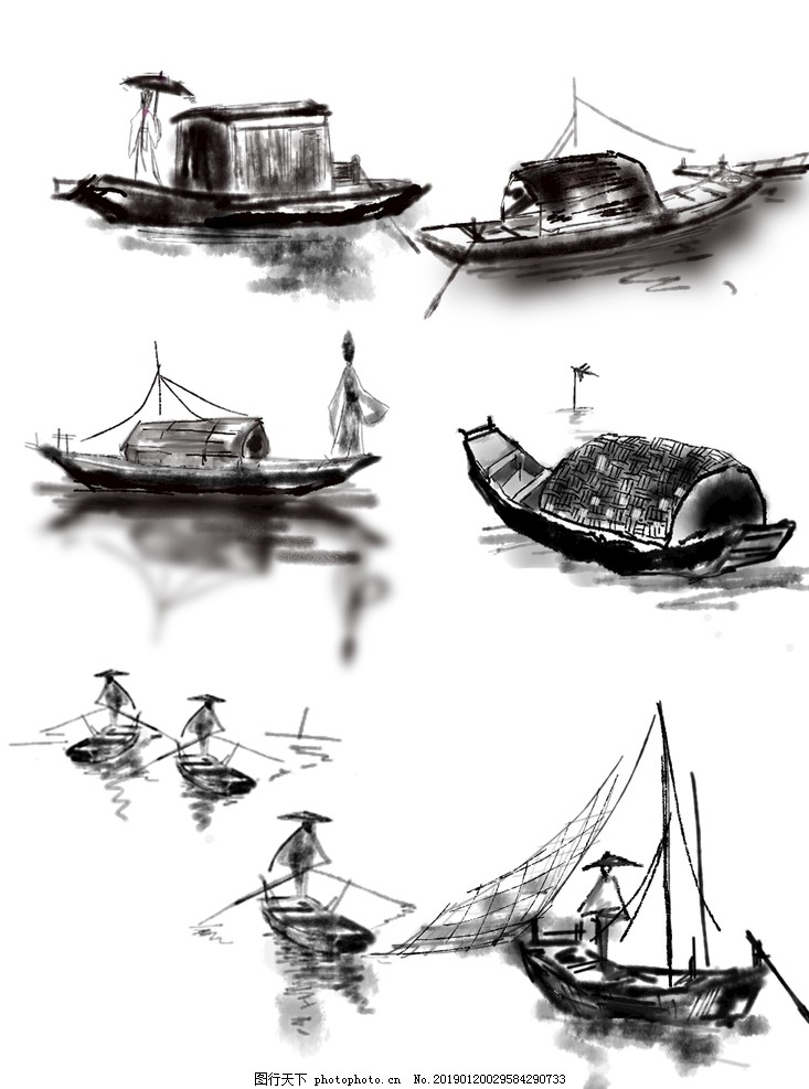 水墨画 「観光船」 水墨画 「観光船」 Cruise Down the Li River in