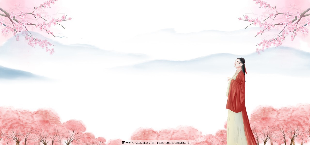 十里桃花粉色卡通人物背景素材图片 Banner背景 底纹边框 图行天下素材网